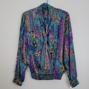 Alli Petites Of California Vintage Artsy Multicolor Print Blouse L